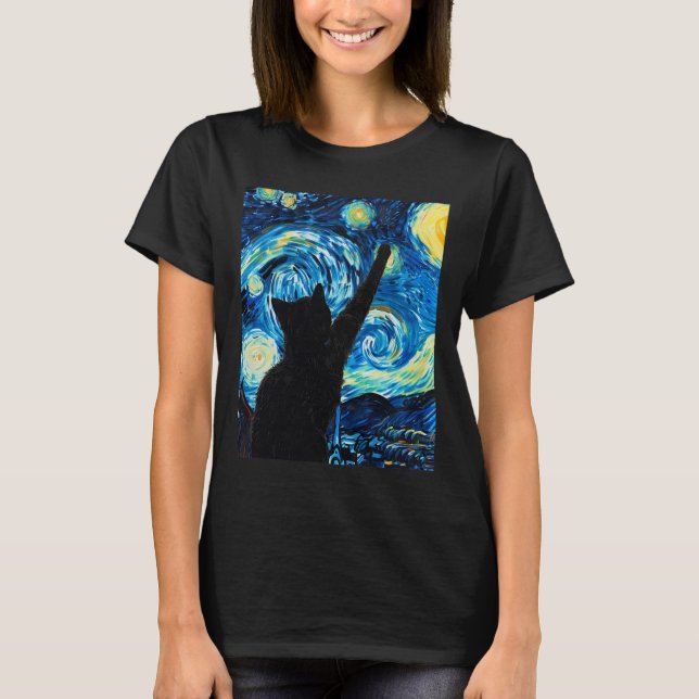 Van Gogh Starry Night Cat Lover Kitten  T-Shirt (Front)