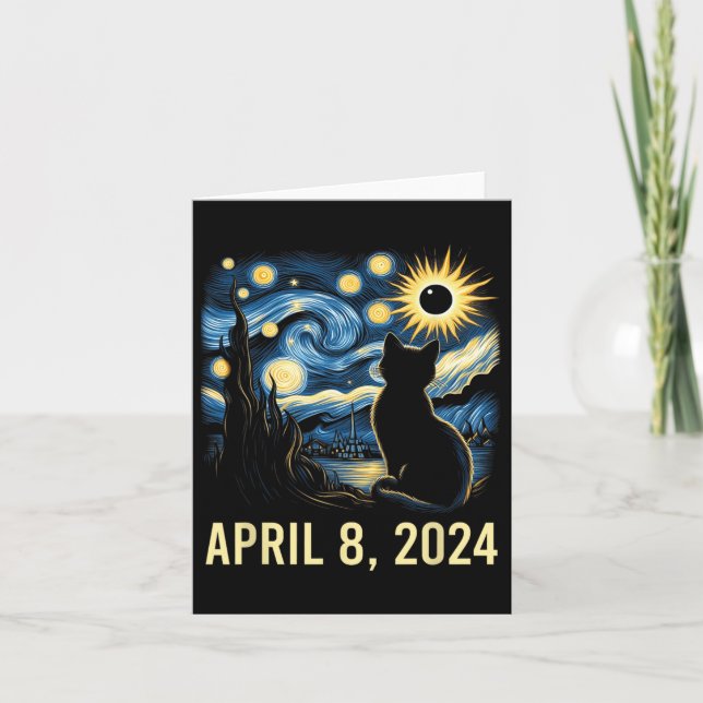Van Gogh Starry Night Cat Total Solar Eclipse Apri Card (Front)