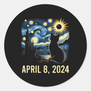 Van Gogh Starry Night Cat Total Solar Eclipse Apri Classic Round Sticker