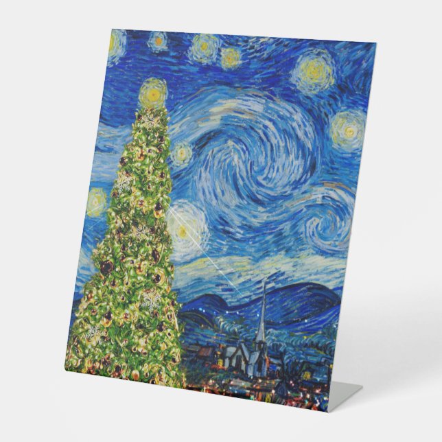 Van Gogh Starry Night - Christmas Tree Table Numbe Pedestal Sign (Front)
