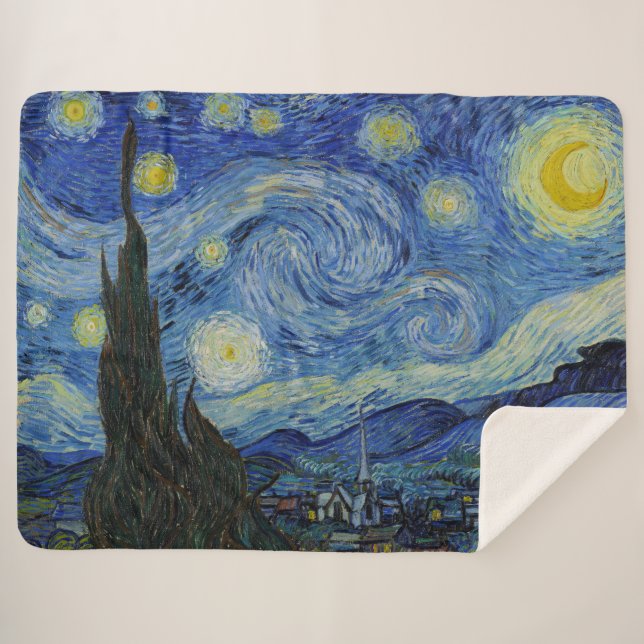 Van Gogh Starry Night Cosy Home Decor Holiday Gift Sherpa Blanket (Front (Horizontal))
