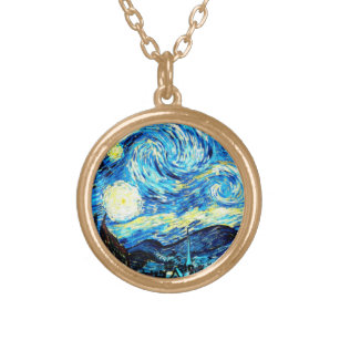 Van Gogh - Starry Night, famous painting, Gold Plated Necklace