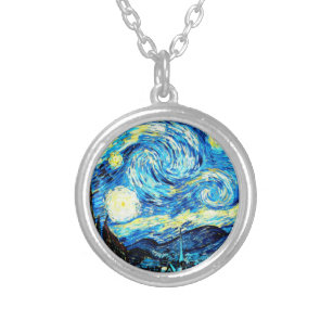 Van Gogh - Starry Night, famous painting Silver Plated Necklace