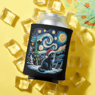 Van Gogh Starry Night Festive Christmas Black Cat Can Cooler