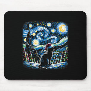 Van Gogh Starry Night Festive Christmas Black Cat Mouse Pad