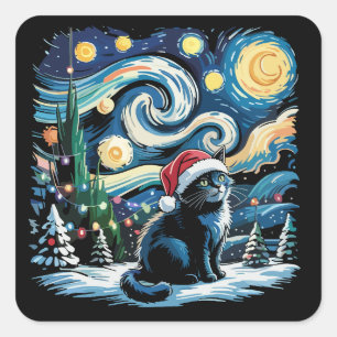 Van Gogh Starry Night Festive Christmas Black Cat Square Sticker