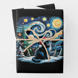 Van Gogh Starry Night Festive Christmas Black Cat Wrapping Paper Sheet