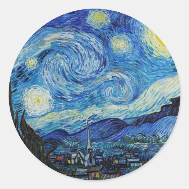 Van Gogh Starry Night. Impressionism vintage art Classic Round Sticker (Front)
