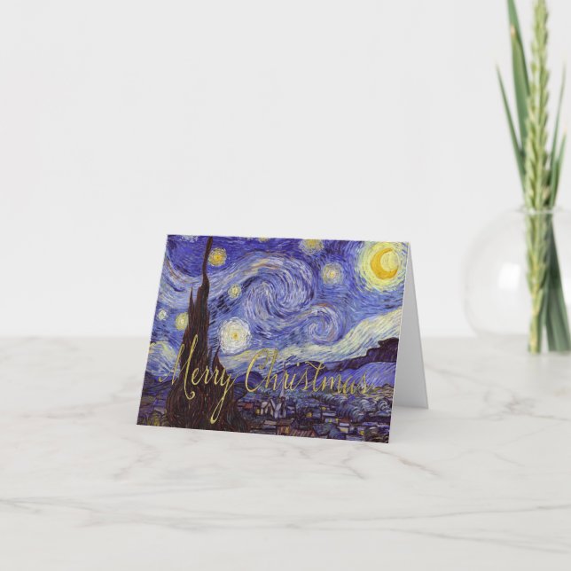 Van Gogh Starry Night Merry Christmas Gold Art Holiday Card (Front)