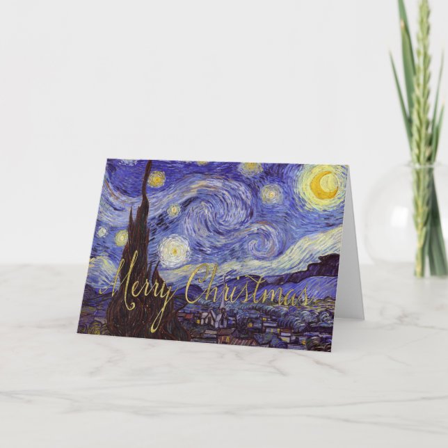 Van Gogh Starry Night Merry Christmas Gold Art Holiday Card (Front)