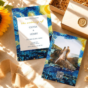 Van Gogh Starry Night Photo QR Code Wedding Invitation