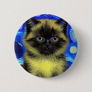 Van Gogh Starry Night Siamese Cat 6 Cm Round Badge