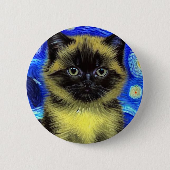 Van Gogh Starry Night Siamese Cat 6 Cm Round Badge (Front)