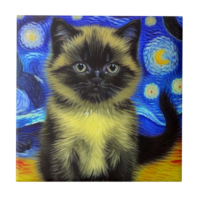 Van Gogh Starry Night Siamese Cat Ceramic Tile (Front)