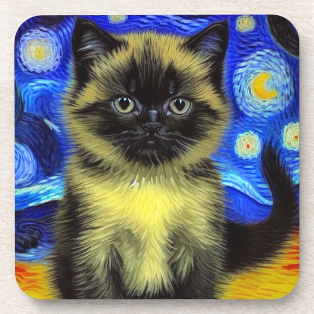 Van Gogh Starry Night Siamese Cat Coaster (Front)