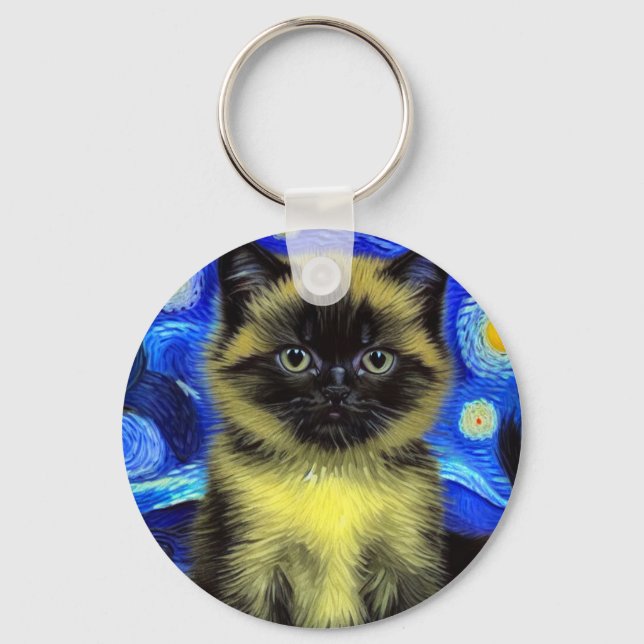 Van Gogh Starry Night Siamese Cat Key Ring (Front)