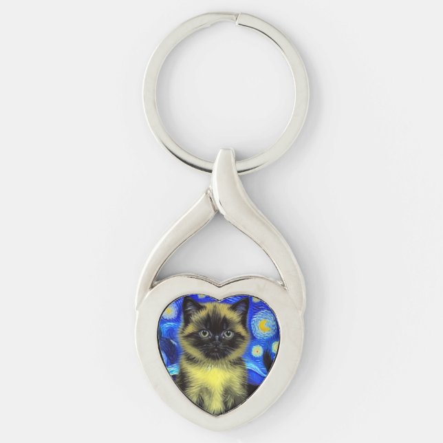 Van Gogh Starry Night Siamese Cat Key Ring (Front)