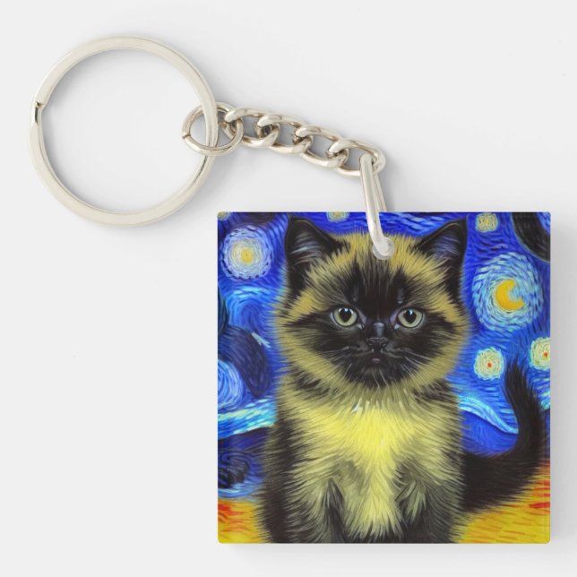Van Gogh Starry Night Siamese Cat Key Ring (Front)