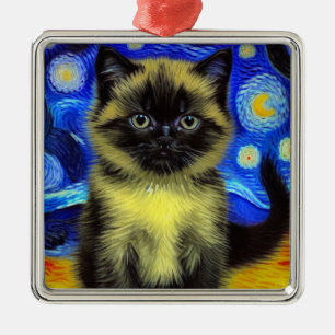 Van Gogh Starry Night Siamese Cat Metal Ornament