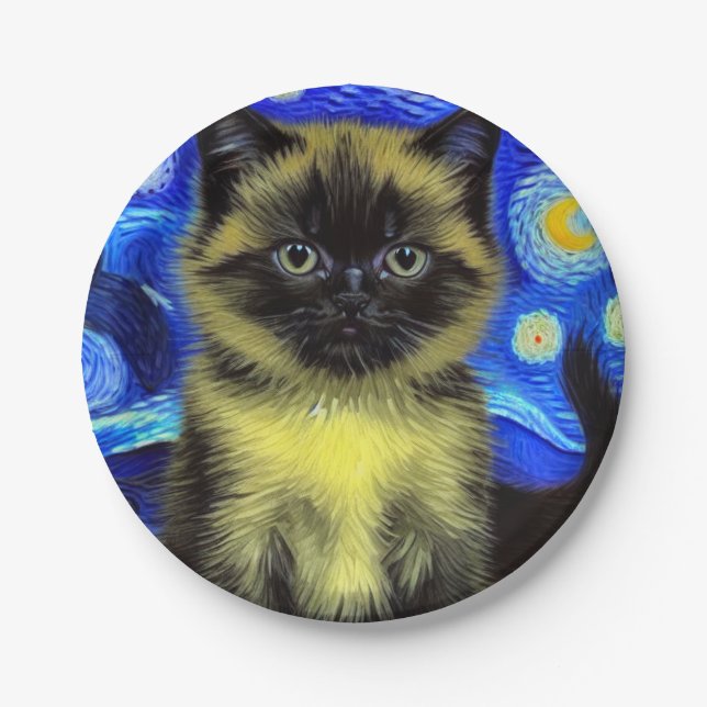 Van Gogh Starry Night Siamese Cat Paper Plate (Front)