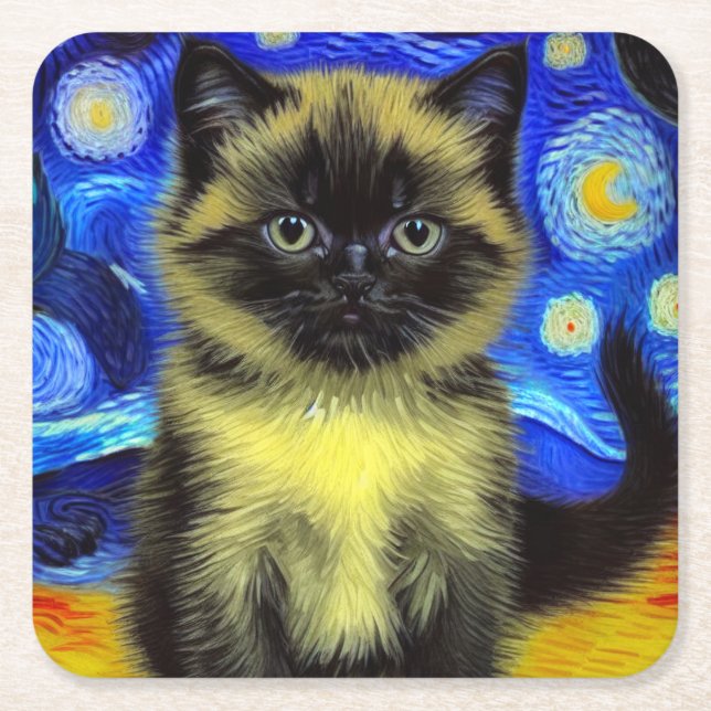 Van Gogh Starry Night Siamese Cat Square Paper Coaster (Front)