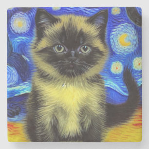 Van Gogh Starry Night Siamese Cat Stone Coaster