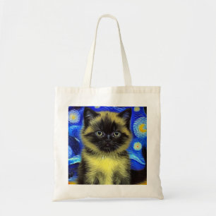 Van Gogh Starry Night Siamese Cat Tote Bag