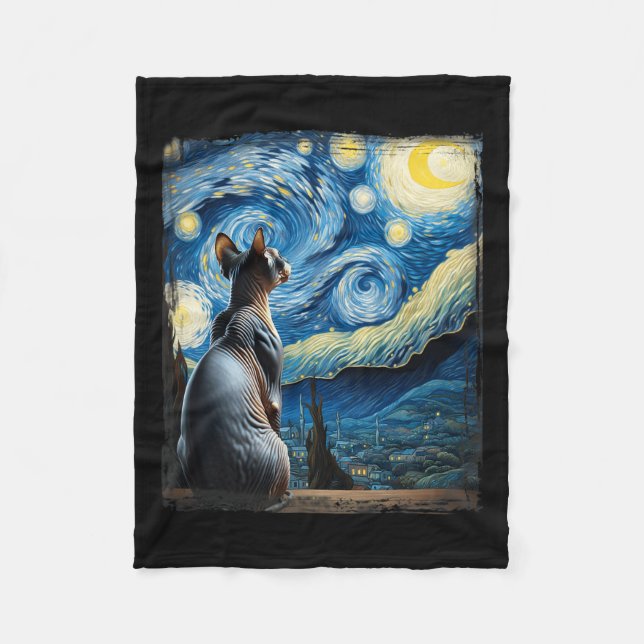 Van Gogh Starry Night Style Artistic Sphynx Cat  Fleece Blanket (Front)
