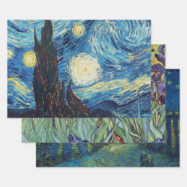 Van Gogh Starry Night Vintage Blue Masterpiece Wrapping Paper Sheet (Set)