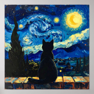 Van Gogh Starry Night with Black Cat Poster