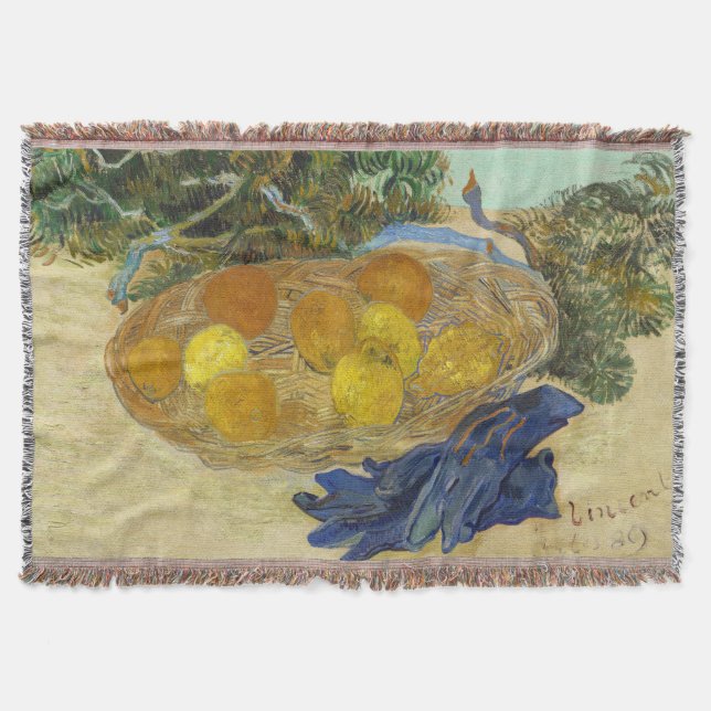 Van Gogh Still Life of Oranges Lemons Blue Gloves Throw Blanket (Front)