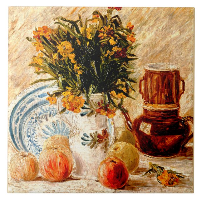 Van Gogh - Still Life with Coffee Pot and Flowers Ceramic Tile (Front)
