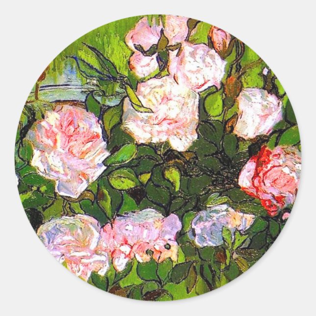 Van Gogh Still Life with Pink Roses Classic Round Sticker (Front)