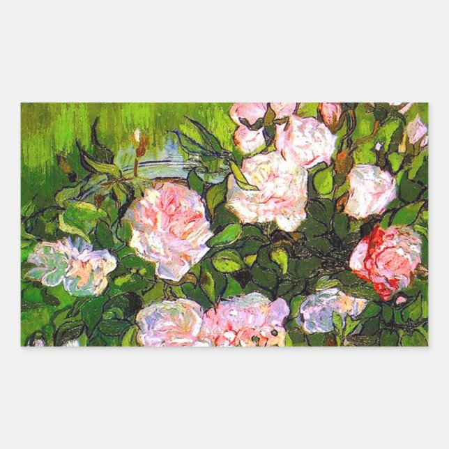 Van Gogh Still Life with Pink Roses Rectangular Sticker (Front)