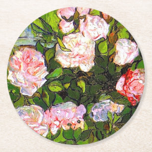 Van Gogh Still Life with Pink Roses Round Paper Coaster