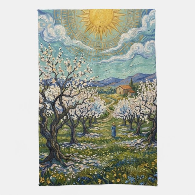 Van Gogh Style Almond Orchard Sunlit Blossom  Tea Towel (Vertical)