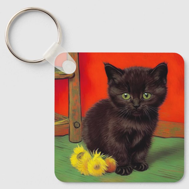 Van Gogh Style Black Cat Key Ring (Front)