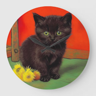 Van Gogh Style Black Cat Large Clock