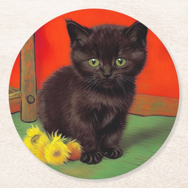 Van Gogh Style Black Cat Round Paper Coaster (Front)