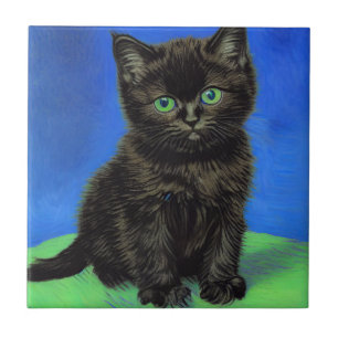 Van Gogh Style Black Kitten Ceramic Tile