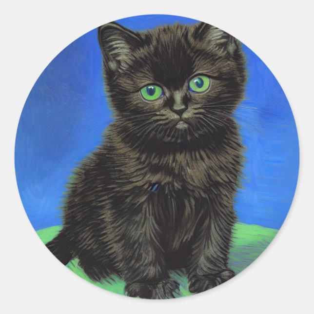 Van Gogh Style Black Kitten Classic Round Sticker (Front)