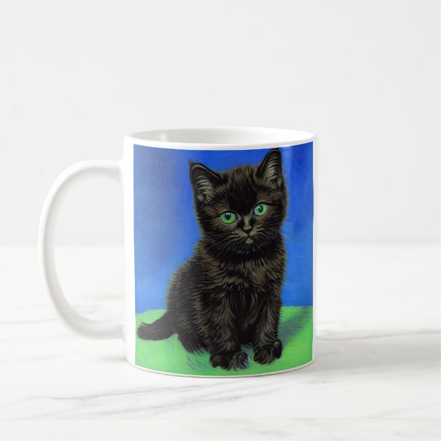 Van Gogh Style Black Kitten Coffee Mug (Left)