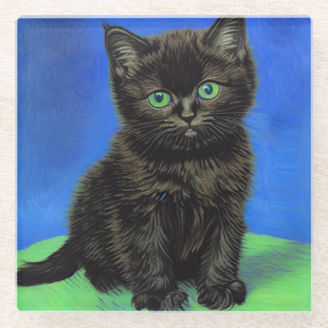 Van Gogh Style Black Kitten Glass Coaster (Front)