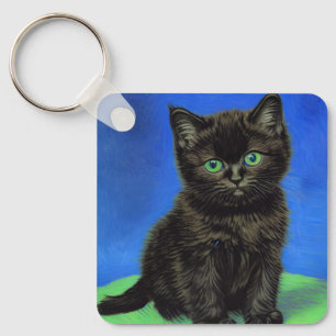 Van Gogh Style Black Kitten Key Ring