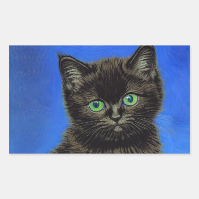 Van Gogh Style Black Kitten Rectangular Sticker (Front)