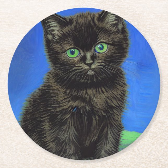Van Gogh Style Black Kitten Round Paper Coaster (Front)