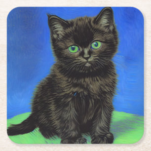 Van Gogh Style Black Kitten Square Paper Coaster