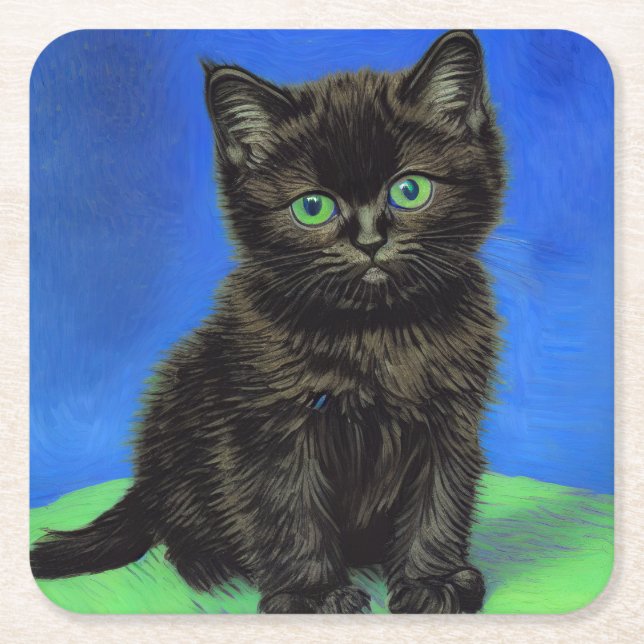 Van Gogh Style Black Kitten Square Paper Coaster (Front)