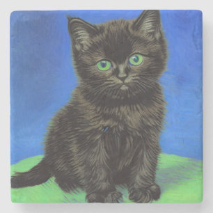 Van Gogh Style Black Kitten Stone Coaster