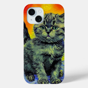 Van Gogh Style Cat Sunset Beach iPhone 15 Case